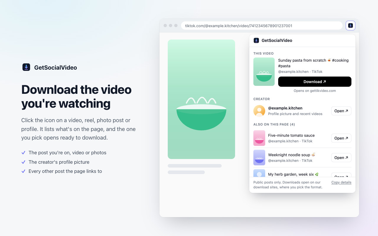 The popup on a video page, listing the video, its creator and other posts